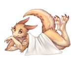 2026 3_toes 5_fingers ambiguous_gender anthro biped brown_body brown_fur brown_tail butt claws digital_drawing_(artwork) digital_media_(artwork) feet finger_claws fingers front_view fur green_sclera hi_res horn kobold looking_at_viewer lying on_front scalie simple_background smile solo tail toe_claws toes yshanii