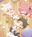  1girl 2boys ahoge alternate_hair_ornament animal_ears animal_print arm_up bangs barefoot biting black_jacket blue_male_underwear blush blush_stickers cat_boy cat_ears cat_girl cat_print cat_tail chibi closed_eyes commentary_request danganronpa_(series) danganronpa_2:_goodbye_despair fish_print food green_neckwear grey_hair hand_up hinata_hajime jacket keroro7 komaeda_nagito lying male_underwear medium_hair messy_hair monokuma multiple_boys nanami_chiaki necktie on_back on_stomach open_mouth panties pillow pink_hair plaid_male_underwear print_neckwear ribbon shirt short_hair sleeping tail tail_biting underwear white_shirt wooden_floor 