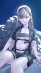 1girl absurdres ak-alfa_(girls'_frontline) arm_behind_back black_jacket black_shorts blue_background blue_sky breasts brown_eyes chest_harness chest_sarashi collarbone commentary feet_out_of_frame girls'_frontline girls'_frontline_2:_exilium grey_hair harness highres jacket long_hair looking_at_viewer medium_breasts night open_clothes open_jacket open_mouth sarashi short_sleeves shorts simple_background sitting sky solo stomach tololo_(girls'_frontline_2) umano_sora 