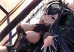  1girl arm_up august_von_parseval_(azur_lane) azur_lane black_hair blush breasts cleavage hair_over_one_eye highres large_breasts long_hair looking_at_viewer lying on_back outstretched_arm parted_lips purple_eyes smile solo sore_watasino 