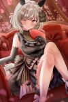  1girl animal_ears bare_shoulders black_dress black_gloves blush bow box breasts closed_mouth commentary_request curren_chan_(sakutsuki_ma_cherie)_(umamusume) curren_chan_(umamusume) dress dress_bow ear_covers elbow_gloves gloves grey_hair heart heart-shaped_box highres holding holding_box horse_ears horse_girl horse_tail large_breasts looking_at_viewer official_alternate_costume one_eye_closed purple_eyes redbean_chan see-through_cleavage see-through_clothes short_hair sitting sleeveless sleeveless_dress smile solo tail umamusume wedding_dress 