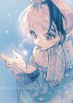  1girl ahoge androgynous black_hair commentary cupping_hands flower_(vocaloid) flower_(vocaloid4) highres jacket looking_down multicolored_hair nail_polish open_mouth own_hands_together purple_eyes scarf short_hair snowflakes snowing solo steam_from_mouth streaked_hair untranslatable_commentary vocaloid white_hair white_scarf winter ynghun821014194 