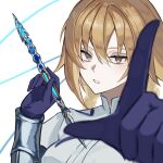  1girl armor arrow_(projectile) blonde_hair braid breasts brown_eyes eyelashes fate/grand_order fate_(series) gauntlets gloves grey_armor hair_between_eyes half-closed_eyes hands_up highres holding holding_arrow index_finger_raised jeanne_d'arc_(fate) jeanne_d'arc_(ruler)_(fate) juliet_sleeves large_breasts long_hair long_sleeves looking_at_viewer low-braided_long_hair low-tied_long_hair mandarin_collar me_me_korin pointing pointing_at_viewer puffy_sleeves purple_gloves shirt simple_background solo teeth twin_braids upper_body white_background white_shirt 