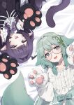  2girls :d absurdres animal_ears animal_hands bed_sheet black_dress bow cat_ears cat_girl cat_tail center_frills choker commentary dog_ears dog_tail dress fangs frills glasses gloves green_eyes green_hair hair_ornament highres indie_virtual_youtuber long_hair long_sleeves looking_at_viewer lying multiple_girls on_back open_mouth paw_gloves pointy_ears purple_eyes purple_hair rotational_symmetry round_eyewear shirt sleepiebug smile tail untranslatable_commentary valefal_coneri virtual_youtuber white_dress white_shirt 