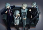  4girls absurdres ak-12_(girls'_frontline) ak-12_(lucia)_(girls'_frontline) ak-15_(erwin)_(girls'_frontline) ak-15_(girls'_frontline) alternate_eye_color an-94_(antje)_(girls'_frontline) an-94_(girls'_frontline) aqua_jacket aqua_pants aqua_suit belt black_jacket black_pants black_pantyhose black_suit blonde_hair blue_jacket blue_pants blue_suit breasts cleavage closed_eyes closed_mouth commentary couch defy_(girls'_frontline) feet_out_of_frame formal_clothes girls'_frontline glasses green_eyes grey_hair hand_on_own_knee highres holding holding_removed_eyewear id_card invertedqueen jacket long_hair long_sleeves looking_at_another medium_breasts medium_hair middle_finger multiple_girls necktie official_alternate_costume official_style open_clothes open_jacket open_mouth pants pantyhose ponytail purple_eyes purple_necktie purple_shirt red_necktie red_shirt rpk-16_(girls'_frontline) rpk-16_(renate)_(girls'_frontline) shirt sidelocks simple_background sitting skirt small_breasts smile suit sunglasses textless_version unworn_eyewear white_jacket white_necktie white_shirt white_skirt white_suit 