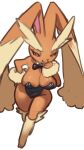 2026 :3 absurd_res arm_tuft big_breasts black_bow_tie black_clothing black_sclera black_suit bow_tie breast_squish breasts brown_body brown_fur clothing eyebrows female fur generation_4_pokemon hi_res leg_tuft lightened_legs long_ears lopunny nintendo pink_inner_ear pokemon pokemon_(species) rabbit_ears raebo red_eyes simple_background solo squish standing suit thick_eyebrows triangle_nose tuft white_background