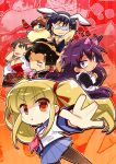  1girl 5boys \||/ alternate_costume angel_beats! animal_ear_hairband animal_ears apron black_dress black_hair black_kimono black_pantyhose blue_bow blue_bowtie blue_sailor_collar blue_skirt blunt_bangs blush blush_stickers bow bowtie brown_hair chibi chibi_only closed_mouth cowboy_shot crossdressing crossdressing_(mtf) detached_collar dress enmaided eye_mask eyes_visible_through_hair eyeshadow fake_animal_ears floating_hair flower frilled_apron frills frown fujimaki_(angel_beats!) fur_shawl green_eyes green_eyeshadow hair_bow hair_ribbon hairband highres holding holding_smoking_pipe japanese_clothes juliet_sleeves kimono komowata_haruka long_hair long_sleeves looking_at_viewer maid maid_apron makeup male_focus mask matsushita_(angel_beats!) miniskirt multiple_boys muscular muscular_male noda_(angel_beats!) nose official_art ooyama_(angel_beats!) open_mouth orange_background orange_bow orange_eyes outline outstretched_arm own_hands_together pantyhose pink_bow pink_eyeshadow playboy_bunny pleated_skirt puffy_sleeves purple_eyes purple_hair rabbit_ear_hairband rabbit_ears red_background red_dress red_flower red_lips red_ribbon red_rose ribbon rose sailor_collar sailor_shirt school_uniform serafuku shawl shinda_sekai_sensen_uniform shirt short_hair sidelocks simple_background skirt smile smoking_pipe spiked_hair takamatsu_(angel_beats!) triangle_mouth twintails two-tone_background v-shaped_eyebrows very_long_hair white_apron white_hairband white_outline white_shirt wig yusa_(angel_beats!) 
