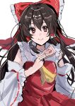  1girl ascot bow brown_hair commentary_request detached_sleeves frilled_bow frilled_hair_tubes frills hair_bow hair_tubes hakurei_reimu highres jyazo_pic long_hair one-hour_drawing_challenge red_bow red_eyes red_skirt ribbon-trimmed_sleeves ribbon_trim simple_background skirt skirt_set solo touhou white_background yellow_ascot 