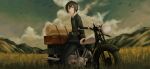  1girl absurdres androgynous arm_support belt belt_pouch bird black_hair black_jacket black_pants brough_superior closed_mouth cloud cloudy_sky collared_shirt expressionless full_body grey_eyes hair_between_eyes hermes_(kino_no_tabi) highres jacket kino_(kino_no_tabi) kino_no_tabi long_sleeves looking_at_viewer minami02573255 motor_vehicle motorcycle mountain mountainous_horizon outdoors pants pouch shirt short_hair sidelocks sky solo suitcase wheat_field white_shirt 
