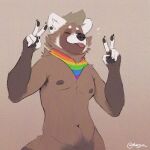  ailurid anthro brown_body brown_fur brown_hair brown_nipples claws ear_piercing eyes_closed fur fur_markings hair kerchief lgbt_pride male mammal markings minedoo minedoo_(character) multicolored_kerchief nipples pawpads piercing pride_colors rainbow_flag rainbow_kerchief rainbow_pride_flag rainbow_symbol red_panda simple_background solo tongue tongue_out white_body white_fur 
