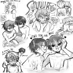  2boys :d absurdres ahoge aihara_yuu akinashi_haru bathing blush bukkake collarbone commentary cowlick cum cum_on_body double-parted_bangs embarrassed english_commentary english_text facial grabbing_another's_chin greyscale hair_between_eyes hand_on_another's_chin highres hug in_water kiss looking_at_another male_focus monochrome multiple_boys multiple_views nude onsen open_mouth protected_link saihate_eki same-sex_bathing shared_bathing short_hair sidelocks smile speech_bubble this_game_is_not_real tosteurmori wide-eyed yaoi 