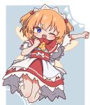  1girl arm_up ascot blue_eyes clenched_hands commentary fairy fairy_wings fang highres jumping looking_at_viewer magg_(user_mtca8588) one_eye_closed open_mouth orange_hair red_skirt short_sleeves skirt smile solo sunny_milk touhou two_side_up wings yellow_ascot 