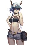  1girl absurdres arknights bangs baseball_cap belt_pouch bikini bikini_under_clothes bilibilida black_bikini black_choker blue_hair breasts ch&#039;en_(arknights) chinese_commentary choker closed_mouth commentary_request cowboy_shot dragon_horns female_tourist_c_(arknights) grey_shorts hair_between_eyes hands_up hat highleg highleg_bikini highres horns horns_through_headwear long_hair looking_at_viewer medium_breasts navel official_alternate_costume pouch red_eyes short_shorts shorts simple_background solo standing stomach swimsuit tied_hair white_background white_headwear 