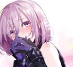  1girl armor bare_shoulders blush chun_xia commentary_request fate/grand_order fate_(series) gloves hair_over_one_eye hands_over_mouth looking_at_viewer mash_kyrielight purple_eyes purple_gloves purple_hair short_hair solo 