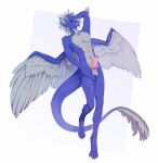 4_toes abs animal_genitalia animal_penis anthro athletic balls blue_body blue_eyes blue_feathers blue_fur claws digital_media_(artwork) digitigrade dragon erection feathered_dragon feathered_scalie feathered_wings feathers feet fingers fur furred_dragon furred_scalie genitals grey_body grey_feathers grey_fur grey_genitals hair hi_res knot knotted_penis looking_at_viewer male male_anthro muscular mythological_creature mythological_scalie mythology nude penis pink_genitals pink_penis sadih scalie simple_background smile solo spread_wings tail toes tuft white_body wings