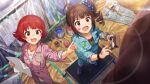  2girls :3 :d ahoge blue_jumpsuit blue_scrunchie brown_hair card_commentary commentary_request drill_hair from_above game_asset hair_ornament hair_scrunchie holding holding_paintbrush holding_paper idolmaster idolmaster_million_live! idolmaster_million_live!_theater_days jewelry jumpsuit multiple_girls necklace nonohara_akane official_art open_mouth paint_on_clothes paintbrush painting_(action) paper pink_jumpsuit print_scrunchie purple_eyes red_eyes red_hair scrunchie short_hair side_drill smile standing star_(symbol) star_print third-party_source yokoyama_nao 