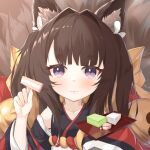  1girl absurdres amagi-chan_(azur_lane) animal_ears azur_lane bangs blunt_bangs brown_hair collarbone commentary_request eyebrows_visible_through_hair eyeshadow food fox_ears fox_girl fox_tail highres holding holding_food japanese_clothes kyuubi long_hair looking_at_viewer makeup multiple_tails off-shoulder_kimono plate purple_eyes recyan rope shimenawa sidelocks smile solo tail thick_eyebrows twintails wide_sleeves 