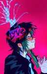  1boy black_hair black_jacket commentary english_commentary english_text fake_transparency from_side grin gun gun_to_head handgun headshot highres holding holding_gun holding_weapon jacket male_focus messy_hair nyennnyonn randal's_friends scar scar_on_hand self-harm_scar short_hair sidelocks smile solo suicide sweatdrop tsukada_satoru two-handed upper_body weapon 