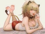  1girl absurdres animal_ears arknights ass bangs bare_arms bare_legs bare_shoulders barefoot black_choker black_nails blonde_hair breasts candy choker cleavage commentary constant_qiu dated feet food hair_between_eyes hand_up highres holding holding_food large_breasts lion_ears lion_tail lollipop long_hair looking_at_viewer lying midriff nail_polish on_stomach open_mouth red_shorts short_shorts shorts siege_(arknights) simple_background solo tail tank_top the_pose thighs white_tank_top yellow_eyes 