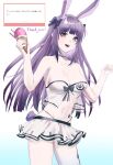  1girl animal_ears arknights bare_shoulders bow breasts brown_eyes chinese_text cleavage collarbone commentary_request fan_request feet_out_of_frame food hair_bow hand_up highres holding holding_food holding_ice_cream ice_cream long_hair looking_at_viewer magnum_0000 material_growth medium_breasts nail_polish navel official_alternate_costume one-piece_swimsuit open_mouth oripathy_lesion_(arknights) parted_lips pink_nails purple_bow purple_hair rabbit_ears rabbit_girl rabbit_tail rope_(arknights) rope_(summer_flowers)_(arknights) sidelocks simple_background smile solo standing swimsuit tail teeth upper_teeth_only white_background white_one-piece_swimsuit 