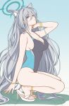  1girl animal_ear_fluff animal_ears anklet aqua_halo arm_up armpit_crease black_one-piece_swimsuit blue_archive blue_background blue_eyes blue_one-piece_swimsuit bracelet breasts cleavage commentary_request cosplay eyelashes feet full_body grey_hair hair_between_eyes halo high_heel_sandals high_heels highres jewelry kooriyama_azuki large_breasts legs long_hair looking_at_viewer one-piece_swimsuit parted_lips sandals shadow shiroko_(blue_archive) shiroko_(blue_archive)_(cosplay) shiroko_(swimsuit)_(blue_archive) shiroko_terror_(blue_archive) solo squatting stiletto_heels swimsuit tile_floor tiles toenails toes very_long_hair white_sandals 