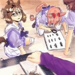  4girls agnes_digital_(umamusume) agnes_tachyon_(umamusume) animal_ears blue_shirt brown_eyes brown_hair bug dantsu_flame_(umamusume) grasshopper highres holding holding_magnifying_glass horse_ears horse_girl horse_tail j_(jojoon02) jungle_pocket_(umamusume) kneeling korean_kindergarten_grasshopper_spill long_hair long_sleeves looking_at_viewer magnifying_glass multiple_girls pleated_skirt pov pov_hands purple_shirt sailor_collar school_uniform shirt skirt tail thighhighs tracen_school_uniform umamusume white_sailor_collar white_skirt white_thighhighs 