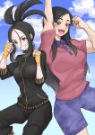  2girls :d arm_up black_hair black_jacket black_pants brown_eyes buttons clenched_hand clenched_hands cloud collared_shirt commentary_request cross_scar day dendra_(pokemon) eri_(pokemon) fingerless_gloves gloves grin hand_up hands_up happy highres jacket kikyouta long_hair multiple_girls open_mouth outdoors pants pokemon pokemon_scarlet_and_violet print_shorts scar scar_on_face scar_on_forehead shirt short_sleeves shorts sidelocks sky smile teeth upper_teeth_only yellow_gloves 