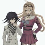  1boy 1girl antenna_hair bangs black_choker black_gloves black_hair black_scarf blonde_hair blue_eyes breasts checkered checkered_neckwear checkered_scarf choker cleavage commentary_request danganronpa_(series) danganronpa_v3:_killing_harmony fingerless_gloves gloves goggles grey_jacket hair_between_eyes hand_on_hip hand_up height_difference index_finger_raised iruma_miu iumi_urura jacket large_breasts long_hair long_sleeves o-ring ouma_kokichi pink_shirt pink_skirt pleated_skirt purple_hair sailor_collar scarf shirt simple_background skirt smile straitjacket upper_teeth 