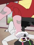 aaron_amethyst aaron_amethyst_(character) absurd_res anthro avian bird blush chair clothing dragon duo feet foot_on_face footwear friendship_is_magic furniture garble_(mlp) hasbro hi_res horned_owl lying male male/male my_little_pony mythological_creature mythological_scalie mythology office_chair on_back on_ground owl penis_tuck pink_clothing pink_footwear pink_socks purple_eyes scalie snowy_owl sock_fetish socks true_owl under_table window yellow_sclera