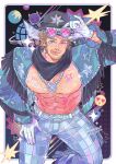  1boy abs artist_name bara beard_stubble blonde_hair character_name commentary cowboy_hat dated disco_ball emoji english_commentary facial_hair frilled_pants frilled_shirt frills gloves guardians_of_the_galaxy hat heart highres jewelry looking_at_viewer male_focus marvel marvel_rivals maygi_mie_ji muscular muscular_male mustache_stubble navel necklace nipples one_eye_closed open_clothes open_shirt pants pectorals peter_quill shirt smile star-lord star-lord_(groovy_guardian) star_(symbol) stubble tongue tongue_out white_gloves 