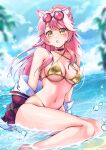  1girl :o alternate_costume animal_ear_fluff animal_ears bikini breasts choker cleavage collarbone commentary_request criss-cross_halter day diamond-shaped_pupils diamond_(shape) eyewear_on_head gold_bikini hair_between_eyes halterneck highres hololive hololive_english large_breasts long_hair looking_at_viewer mia_mikhail navel off_shoulder outdoors panther_ears pink-tinted_eyewear pink_hair purple_choker raora_panthera round_eyewear sitting solo stomach swimsuit symbol-shaped_pupils tinted_eyewear very_long_hair virtual_youtuber water yellow_eyes 