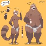 2022 anthro bear big_bulge brown_body brown_fur brown_hair brown_nipples bulge clothing english_text feet fur fur_markings hair half-closed_eyes hi_res looking_at_viewer male mammal markings minedoo minedoo_(character) model_sheet narrowed_eyes nipples overweight overweight_male pawpads simple_background text underwear white_body white_fur