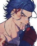  1boy absurdres arm_up bandage_on_nose bandages blue_hair braces bruise bruise_on_face chest_tattoo collarbone commentary_request dog_tags fingerless_gloves forked_eyebrows gloves grin hair_slicked_back hand_on_own_face highres injury luke_sullivan male_focus mma_gloves multicolored_hair official_alternate_color official_alternate_hair_color portrait prat_rat red_eyes red_hair short_hair simple_background smile solo star_(symbol) street_fighter street_fighter_v tattoo teeth topless_male two-tone_hair undercut white_background 
