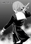  1girl back_belt black_dress black_thighhighs chaos;child chapter_cover chapter_number d-sword dress faceless faceless_female greyscale highres holding holding_sword holding_weapon long_sleeves monochrome official_art onoe_serika re_lucy sailor_collar science_adventure short_dress short_hair solo sword thighhighs weapon white_sailor_collar 