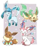  blue_eyes border brown_eyes closed_eyes commentary eevee fang glaceon hachine_mituko heart highres leafeon lying no_humans outside_border pokemon pokemon_(creature) pokemon_focus sitting smile socks standing sylveon untranslatable_commentary white_border 