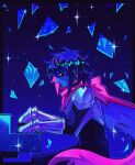  1other absurdres androgynous antenna_hair artist_name black_bodysuit black_hair blue_skin bodysuit cape closed_mouth colored_skin commentary cuirass deltarune english_commentary gauntlets highres instrument kris_(dark_world)_(deltarune) kris_(deltarune) mihych mole mole_under_mouth piano playing_instrument playing_piano red_cape red_eyes shaded_face short_hair sitting solo utdr_(toby_fox) 