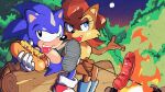  1boy 1girl animal_ears animal_nose arm_around_shoulder blue_boots blue_eyes blue_fur body_fur boots brown_fur brown_hair bush campfire chili_dog chipmunk_ears commission fang figure_four_sitting food full_body full_moon furry furry_female furry_male gloves hand_up hedgehog_boy highres holding holding_food holding_skewer holding_stick hot_dog inkerton-kun log looking_at_viewer moon night on_log one_eye_closed open_mouth outdoors pinky_out red_shoes sally_acorn sausage second-party_source shoes short_hair short_tail sitting sitting_on_log skewer sky smile sonic_(series) sonic_the_hedgehog sonic_the_hedgehog_(satam) squirrel_girl stick tail teeth upper_teeth_only white_gloves 