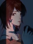  1girl amakura_mio bare_shoulders black_camisole brown_eyes brown_hair brown_shirt bug butterfly camera camisole closed_mouth commentary fatal_frame fatal_frame_ii:_crimson_butterfly fingernails from_side gradient_background grey_background hand_up highres holding holding_camera looking_at_viewer looking_to_the_side off-shoulder_shirt off_shoulder portrait shade shadow shirt short_hair solo yukiame 