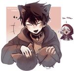  4boys :d absurdres akinashi_haru animal_ear_fluff animal_ears arrow_(symbol) artist_name bell belt_collar black_collar black_jacket blush blush_stickers border brown_shoes capelet closed_eyes collar commentary dog_ears english_commentary english_text fang french_text gradient_background hair_between_eyes headpat highres hood hood_down hooded_capelet hooded_jacket jacket kemonomimi_mode long_sleeves male_focus medium_hair mixed-language_text multiple_boys neck_bell open_mouth outline outside_border parted_bangs red_background red_hood saihate_eki shirt shoes short_hair sidelocks skin_fang smile tatsunami_shion tosteurmori watermark white_border white_hair white_outline white_shirt 