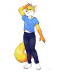 anthro barefoot blue_eyes bottomwear bunana canid canine clothing crown denim denim_bottomwear denim_clothing dipstick_tail feet fox fur headgear hi_res jeans male mammal markings orange_body orange_fur pants plains shirt solo standing tail tail_markings tiara topwear white_body white_fur yellow_body yellow_fur
