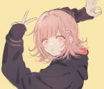  1girl :o bangs black_jacket danganronpa_(series) danganronpa_2:_goodbye_despair eyebrows_visible_through_hair flipped_hair galaga goodbye_sengen_(vocaloid) hair_ornament hairclip highres hood hood_down hoodie jacket long_sleeves looking_at_viewer medium_hair nanami_chiaki nokoru_sora pink_eyes pink_hair simple_background sketch sleeves_past_wrists solo upper_body v yellow_background 