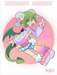  1girl artist_name bag blue_bow blue_pantyhose blue_skirt bow bun_cover character_name commentary_request double_bun draco_centauros draco_centauros_(charmy) dragon_girl dragon_horns dragon_tail dragon_wings full_body green_eyes green_hair green_wings hair_bun hand_up heart horns leg_warmers mary_janes open_mouth pantyhose pink_bow pink_leg_warmers pink_shirt pink_shoes pleated_skirt pointy_ears polka_dot polka_dot_pantyhose purple_bow purple_shirt puyopuyo puyopuyo_quest shirt shisui shoes shoulder_bag single_leg_warmer skirt smile solo striped_clothes striped_pantyhose tail v white_bag wings yellow_bow 