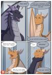 black_body black_scales comic dark_eyes dialogue dominant dominant_male dragon duo english_text female feral fire flying grabbing_face hi_res horn male mythological_creature mythological_scalie mythology narusewolf scales scalie speech_bubble spikes spines talking_to_another text threatening worried yellow_body