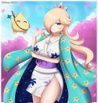  1girl arm_under_breasts artist_name blonde_hair blue_eyes blue_haori breasts closed_mouth commentary cosplay cowboy_shot crown earrings english_commentary floral_print floral_print_kimono hair_over_one_eye haori haori_on_shoulders highres holding holding_shuriken holding_weapon japanese_clothes jewelry kimono large_breasts long_hair looking_at_viewer luma_(mario) mario_(series) nico_robin nico_robin_(cosplay) obi one_piece patdarux petals print_kimono purple_sash rosalina sash sheath sheathed shuriken side_slit smile solo star_(symbol) star_earrings star_print super_star_(mario) sword thick_thighs thighs weapon white_kimono 
