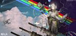  1girl absurdres arknights bird black_gloves cassette_tape closed_mouth cloud commentary_request crt fingerless_gloves gloves green_eyes grey_hair highres kuroinu9 medium_hair nasti_(arknights) notched_ear pointy_ears retrofuturism shirt sky sleeves_pushed_up solo tagme uneven_bangs white_bird white_shirt 