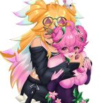  2girls absurdres ahoge arielle_(vtuber) black_shirt black_shorts blonde_hair blush bodysuit breasts cleavage closed_mouth colored_sclera colored_skin crossed_bangs double_bun eyewear_on_head flower flower_ring froggyloch_(vtuber) green_nails hair_between_eyes hair_bun heart heart_ahoge highres hug hug_from_behind indie_virtual_youtuber leaf_clothing liquid_clothes long_hair multicolored_hair multiple_girls off-shoulder_shirt off_shoulder open_mouth paintbrush paintbrush_hair_ornament pink_flower pink_hair pink_skin rainbow_hair red_eyes rheaskyglint shirt short_twintails shorts sidelocks smile strapless sunglasses torn_clothes torn_shirt triangular_eyewear twintails virtual_youtuber white_background yellow_sclera 