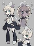  1girl angry annoyed aqua_eyes black_shorts blonde_hair bow breasts detached_sleeves full_body grey_background hair_bow hair_ornament hairclip head_steam highres kagamine_rin leg_warmers looking_at_another muted_colors neckerchief parallel_hairclips shirt short_hair shorts simple_background sleeveless sleeveless_shirt sleeves_past_wrists small_breasts soresaki squiggle vocaloid white_bow wide_sleeves yellow_neckerchief 