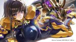  1girl absurdres armored_bodysuit black_bodysuit blush bodysuit breasts brown_hair commentary_request covered_navel covered_nipples dazzur_(dazzur_system) fortified_suit fortified_suit_(imperial_royal_guard) hair_ribbon highres impossible_bodysuit impossible_clothes large_breasts long_hair looking_at_viewer lying mecha_pilot_suit muv-luv muv-luv_alternative muv-luv_total_eclipse official_art on_side purple_eyes ribbon shiny_clothes skin_tight tactical_surface_fighter takamura_yui very_long_hair 