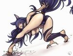  1girl absurdres animal_ears ass breasts cleavage commentary crack cracked_floor delta_(kagejitsu) english_commentary from_behind full_body hanging_breasts highres hotpinkevilbunny kage_no_jitsuryokusha_ni_naritakute! large_breasts leotard long_hair looking_at_viewer looking_back mole mole_above_mouth open_mouth purple_eyes purple_hair purple_leotard signature simple_background smile soles solo spread_legs stirrup_footwear tail tiptoes very_long_hair white_background wolf_ears wolf_girl wolf_tail 
