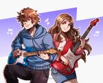  1boy 1girl alternate_costume bass_guitar blue_hoodie brown_eyes brown_hair closed_mouth commentary commission contemporary electric_guitar english_commentary fire_emblem fire_emblem_fates guitar gzei hana_(fire_emblem) highres hood hood_down hoodie instrument jacket long_hair looking_at_another musical_note original pink_jacket purple_background vgen_commission white_background 